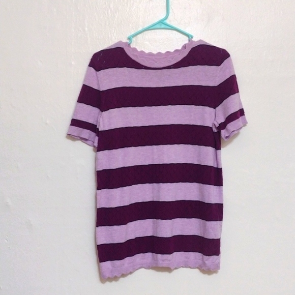 Purple Striped Short Sleeve Pullover Scalloped Hem Knit Sweater Fits M-L - Picture 11 of 12